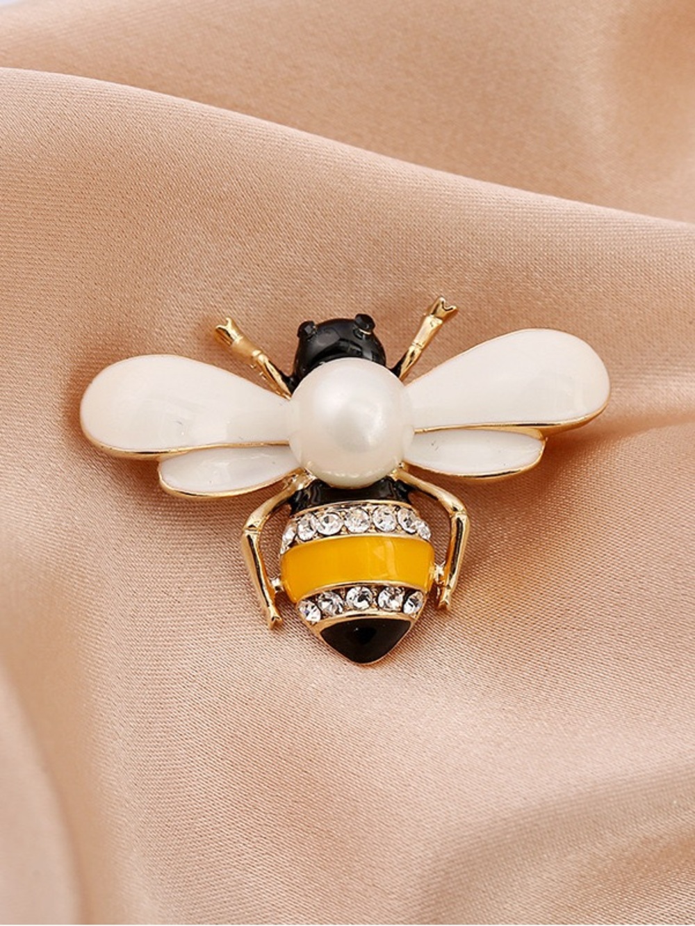 Yellow & White Bumble Bee Brooch Rhinestone Pearl Gold Tone Insect Pin